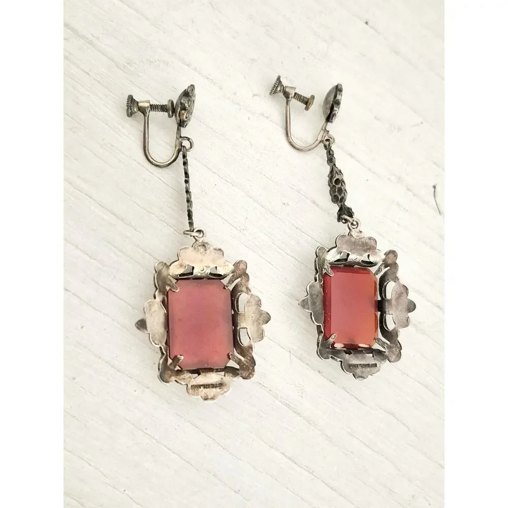 Vintage Victorian Art Deco Sterling Silver Carnelian Marcasite Dangle Earrings